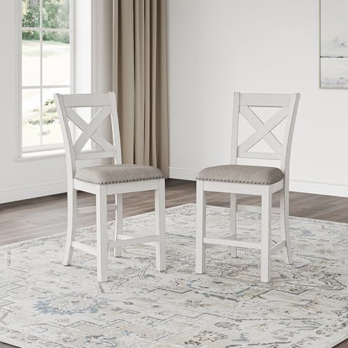 Signature Design by Ashley Robbinsdale Farmhouse Upholstered Barstool, Set of 2, X-Back, Nailhead Trim, Wood, 24.75" H, White & Light Gray Signature Design by Ashley