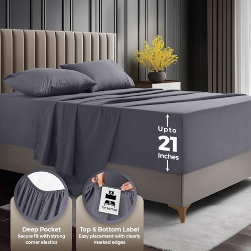 Utopia Bedding King Size Extra Deep Pocket Sheet Set – Fits Mattresses Up to 21 inches – Cooling, Soft & Breathable – Oeko-Tex 4 Piece Bed Sheets (Grey) Utopia Bedding