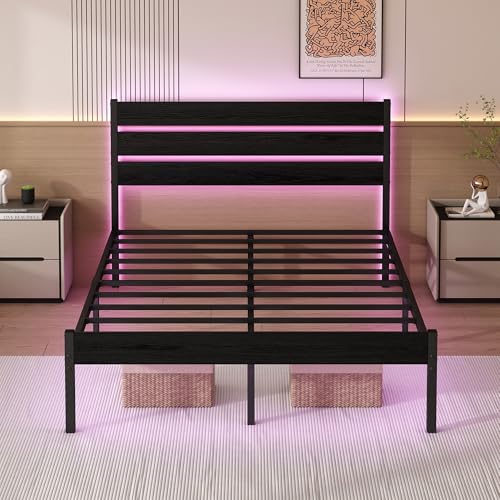 Chuangshuo Guard Full Size Bed Frame with Headboard,Heavy Duty LED Bed Frame with USB Charging Station,Mattress Foundation-Under Bed Storage, No Box Spring Needed, Noise Free,Black Chuangshuo Guard