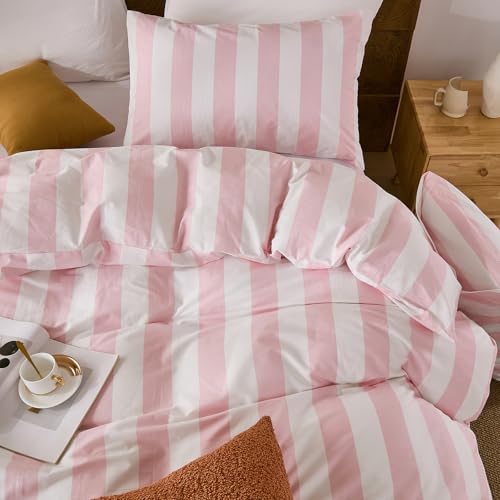 Merryword Pink and White Striped Duvet Cover Set King Size, 100% Cotton Bedding Set with Zipper Closure & 8 Corner Ties, Luxury Linen Like Bedding, Soft Breathable Comforter Cover for All Seasons Merryword