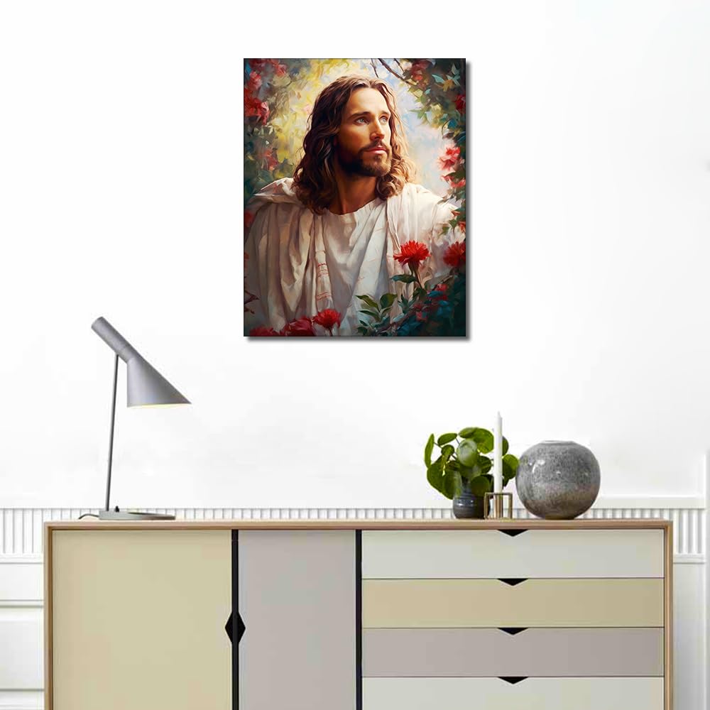 Rebotipy DIY Paint by Number for Adult, Jesus Christ Holy Cross Paint by Numbers, Flowers Adult Paint by Numbers Kits on Canvas, 16X20 Inch Jesus Paint by Numbers for Adults Beginners Flameless Rebotipy