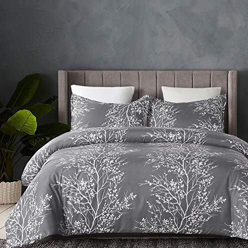 Vaulia Soft Microfiber Duvet Cover King Size, Grey and White Floral Branches Printed Pattern 3-Piece Set (1 Duvet Cover 2 Pillow Shams) Vaulia