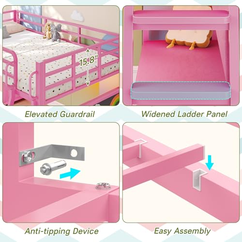 Dnxao Low Twin Loft Bed with Desk,9 Storage Drawers,Kids Loft Bed with 15.8" H Safety Guardrail,Twin Bed Frames for Kids with LED Lights and Charging Station,Under-Bed Play Space,Pink Dnxao
