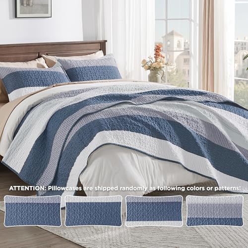 Andency Queen Quilt Bedding Set Mineral Blue, 3 Pieces Patchwork Summer Striped Ultra Soft Lightweight Bedspreads, Coverlets Set with 2 Pillow Shams for All Seasons (90"x96") Andency