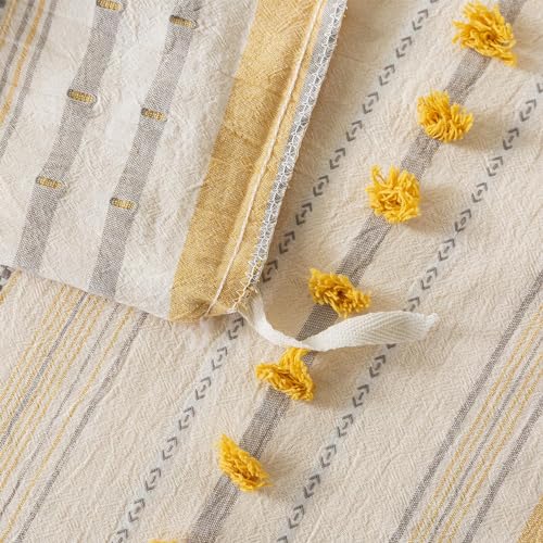Washed Cotton Twin Size Duvet Cover Set - Tufted Dots Boho Chic Bedding for All Seasons, Striped Bohemain Bedding Linen Like Textured Breathable Durable Soft Comfy (Yellow, 66''x90'') La Sheer