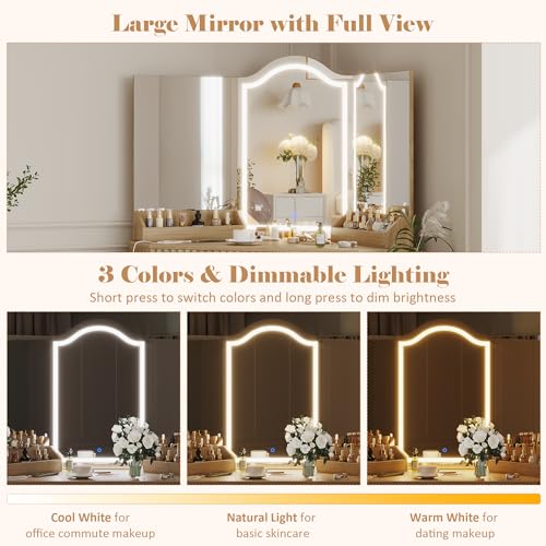 ZKIODV Corner Vanity Desk with 3 Way Mirror & LED Lights, Makeup Table Set with Charging Station, Storage Drawers & Cabinets, Modern Dressing Table with Stool for Bedroom, Women & Girls Gift (Oak) ZKIODV