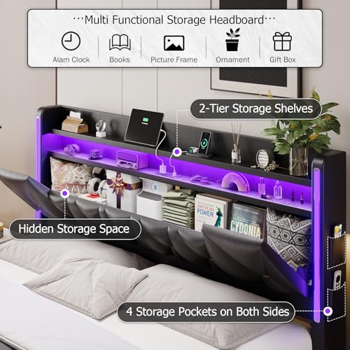 BYSAUD Floating Bed Frame with Hidden Storage in The Openable Marshmallow Headboard,King Size Bed Frame with Charging Station Including 2 Standard Sockets & Led Lights,PU Leather (King) BYSAUD