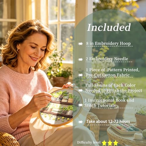 FONNUY Green Plant Embroidery Kit, Petite Potted Plants Patterns, Cross Stitch Kits for Adults and Beginners, Handmade Crafts with Printed Pattern Set, Thread Needlework, 8'' Hoop (Green A01)