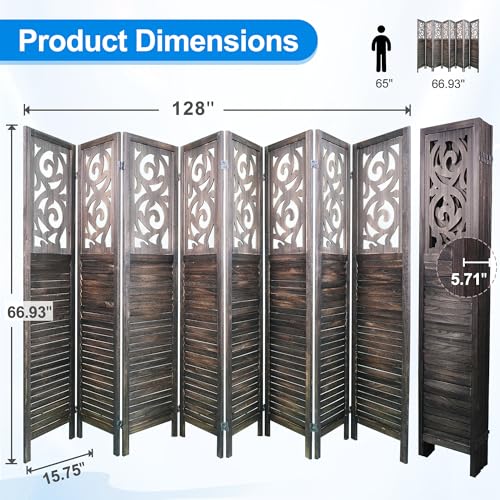 Grungis 8 Panel Room Divider 5.6FT Wood Carved Room Dividers, Folding Privacy Screens Portable Freestanding Partition Wall Dividers for Bedroom, Office, Rustic Brown Grungis