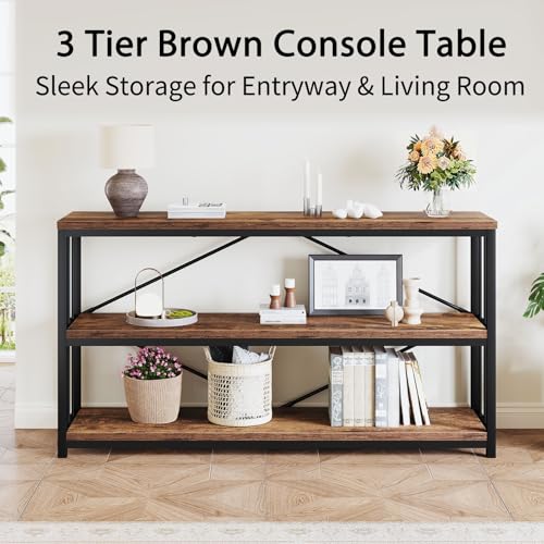 LVB Industrial Console Entryway Table, Metal Wood Rustic Sofa Table with Storage, Farmhouse 3 Tier Shelf Long Hallway Foyer Entry Tables Behind Couch for Home Living Room Entryway, Rustic Brown, 55 In LVB