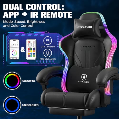 GTPLAYER Gaming Chair, Computer Chair with RGB LED Lights, High Back Ergonomic Chair for Adults with Footrest, Reclining Office Chairs, Linkage Armrest, Black GTPLAYER