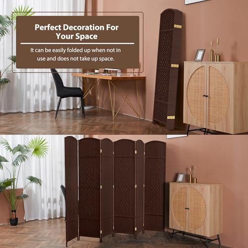 Duraspace 6 Panels Room Divider 6 FT Tall Weave Fiber Freestanding Double Hinged Extra Wide Folding Screen for Patio Privacy (Brown) DURASPACE
