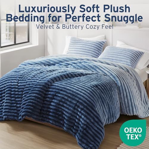 Intelligent Design King Comforter Set, Plush Bedding, Microfiber Reverse, 3 Piece, Lightweight, Super Soft Ribbed Velvet Comforter 2 Shams, All Season Fluffy Bed Set, Avril, King/Cal King Blue Ombre Intelligent Design