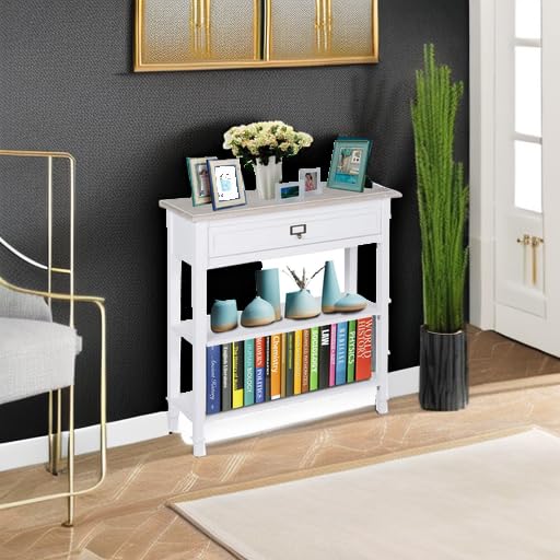kinbor Accent White Console Table with Drawer and Shelf, Wood Sofa Table with Storage for Entryway Hallway Living Room kinbor
