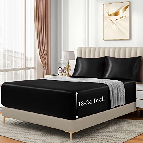 VACVELT 3pcs Extra Deep Pocket Satin Fitted Sheet Set Queen Bed Set, Black Bottom Sheet Fit 18-24 Inch Deep Pocket Mattress, Silky Bedding Set Soft & Ultra Deep Fitted Sheet & 2 Pillowcase VACVELT