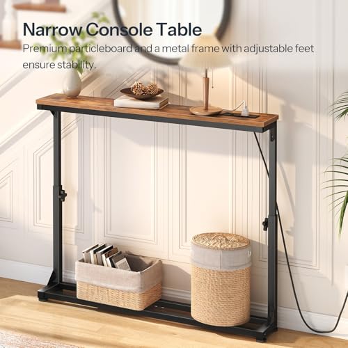 HOOBRO Narrow Console Table with Charging Station, Adjustable Height Sofa Table (25''-32.9''), Slim Behind Couch Table for Small Spaces, Entryway, Living Room, 39.4" Rustic Brown BF95UXG01 HOOBRO