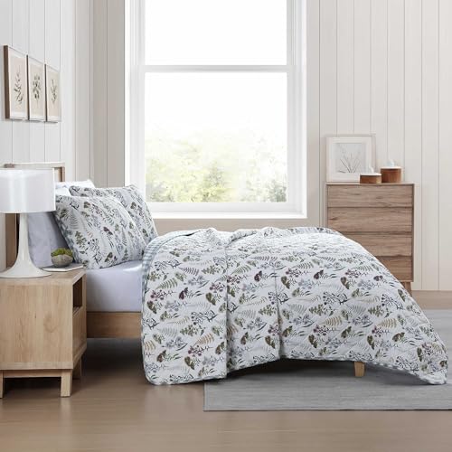 Eddie Bauer - Twin Quilt Set, Reversible Cotton Bedding with Matching Sham, Classic Floral Home Decor with Plaid Reverse (Flower Field Green, Twin) Eddie Bauer