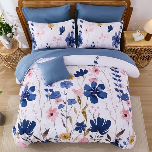 Anibedding Blue Floral Comforter Set King Size, 8 Piece Botanical Flower Bed in a Bag, Reversible Design Comforter, Soft Microfiber Complete Bedding Sets for All Season (Blue,90"x104") Anibedding