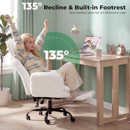 Criss Cross Office Chair with Armrests & Wheels, Comfy Velvet Vanity Chair, Ergonomic Executive Gaming Computer Chairs with Foot Rest, Wide Seat Reclining Desk Chair, White HOMRELEXA