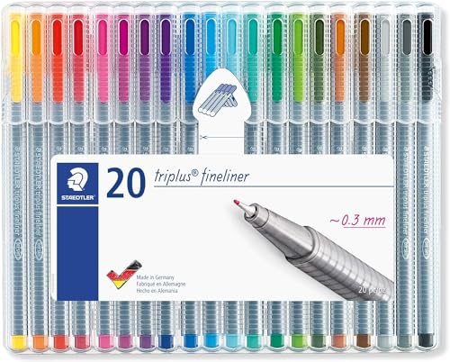 STAEDTLER Triplus Fineliner Pens Set (20 Pack) - 20 Vibrant Colors, 0.3mm Metal-Clad Tip, Ergonomic Triangular Barrel, Standing Easel Case STAEDTLER
