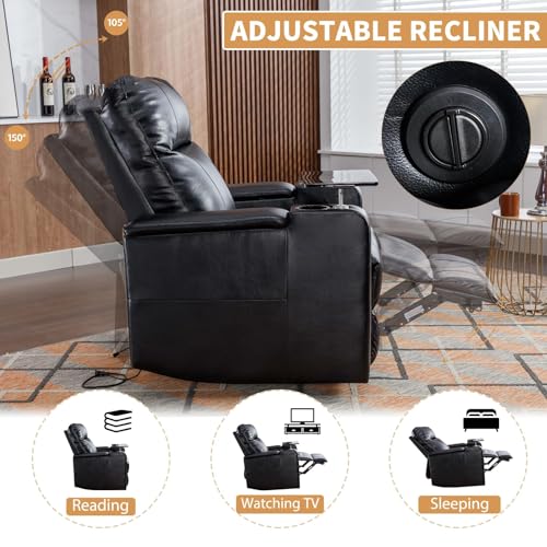 ANJ Power Recliner Chair with USB Ports, Faux Leather Home Theater Seating with Swivel Tray Table, Electric Movie Reclining Chairs with Cup Holders, Hidden Arm Storage (Black)