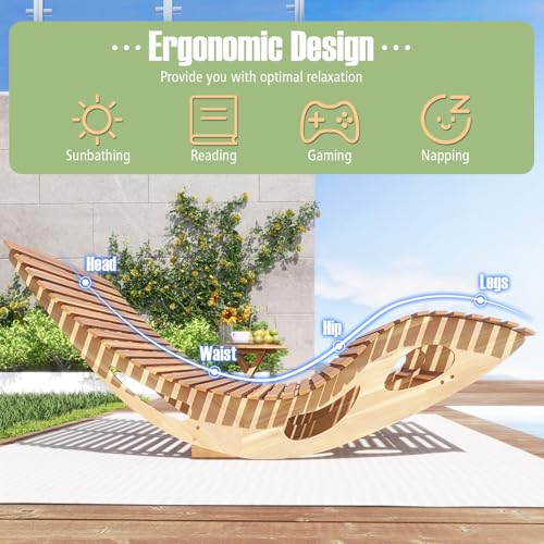 Tangkula Outdoor Double Chaise Lounge Chair, Acacia Wood Rocking Sunbed with Slatted Backrest and Seat, Wooden Loveseat Rocker for Patio, Garden and Poolside