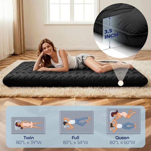 COZYFUZY Japanese Floor Mattress Futon - 3.5" Extra Firm Foldable Tatami Mat, 5-Layer Support with High-Density Foam Portable Floor Bed for Guest, Dorm, Kids Room & Camping Black Twin COZYFUZY