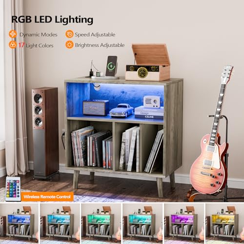 VINGLI Record Player Stand with Open Vinyl Storage, Mid-Century Album Storage Table with LED Light up to 300 Albums, Vinyl Record Player Shelf with Power Outlet for Living Room, Grey Oak VINGLI