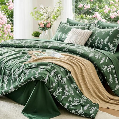 MUXHOMO Dark Green Bed in a Bag Queen 7 Pieces, Queen Comforter Set Reversible Botanical Flowers Design, Ultra Soft & Breathable Bedding Sets with Comforter, Sheets, Pillowcases & Shams