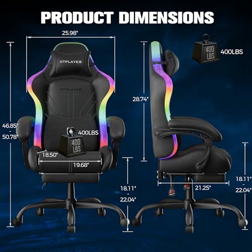 GTPLAYER Gaming Chair, Computer Chair with RGB LED Lights, High Back Ergonomic Chair for Adults with Footrest, Reclining Office Chairs, Linkage Armrest, Black GTPLAYER