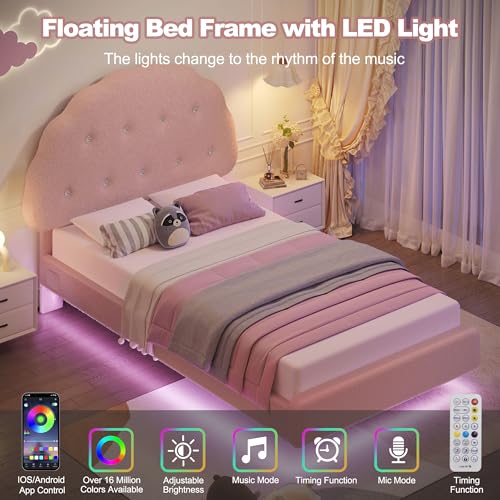 Decofy Cookie Twin Upholstered Bed Frame with LED Lights, Floating Bed Frames with Adjustable Headboard and Raised Footboard for Princess/Prince Bedroom, Teddy Velvet(Pink) Decofy