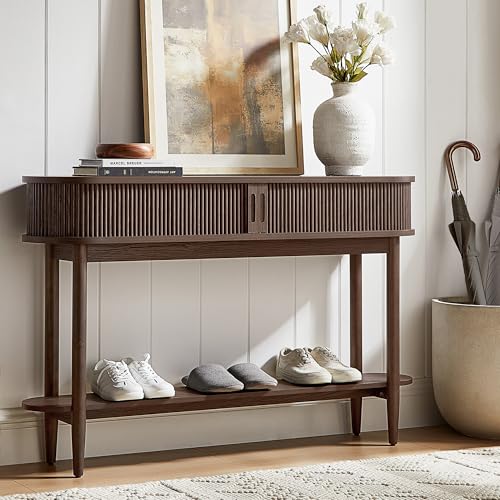LINSY HOME Fluted Console Table, Mid-Century Modern Entryway Cabinet with Sliding Tambour Doors, Narrow Long Sofa Table, Behind-The-Couch Table for Living Room, Hallway (Brown Oak) LINSY HOME