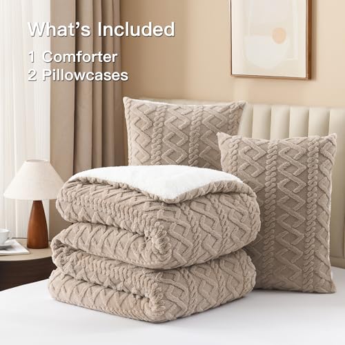 Andency Fluffy Sherpa Full Comforter Set, Super Soft Khaki Fleece Warm Bedding for Winter, Luxury Jacquard Boho Thick Fuzzy Plush Bed Set 3 Pieces(1 Shaggy Comforter, 2 Pillowcases) Andency