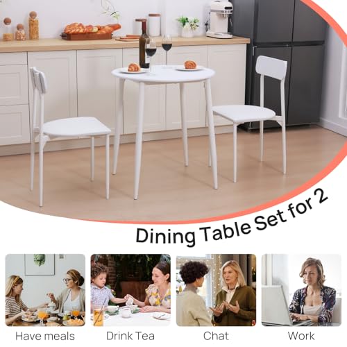 walsport Round Dining Table Set for 2, Wood Tabletop with Strong Metal Frame, Modern Dinette with Chairs for Kitchen,White walsport