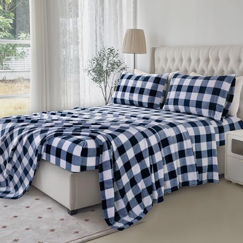 Elegant Comfort Luxuriously Soft 4-Piece Velvet Plush Flannel Sheet Set - Premium Quality - Cozy Warm, Anti-Static, Non Pilling Fuzzy Velvet Flannel Fleece Deep Pocket Sheet Set-Twin XL, Buffalo Navy Elegant Comfort