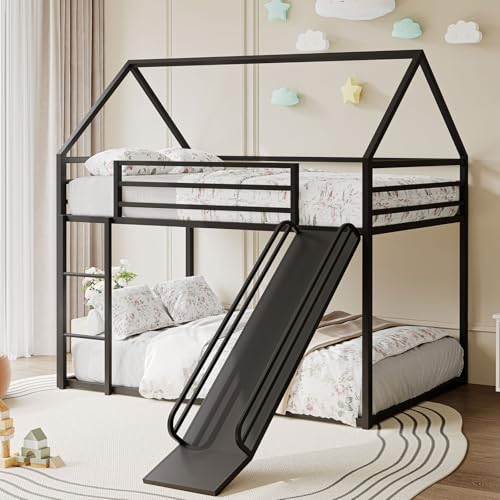 Tufons Twin-Over-Twin Low Bunk Bed with Convertible Slide, Full-Length Guardrail with Montessori Floor Bunk Bed Frame, Heavy Duty Metal Bed with House Shape and Roof for Boys Girls, Black Tufons