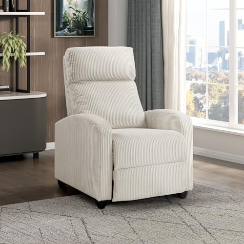 Lexicon Corduroy Pushback Recliner Chair Armchair Push Back Recliner, Solid Wood Frame and Metal Base, Easy Assembly Small Soft Single Sofa Accent Chair for Living Room/Office/Apartment, Beige