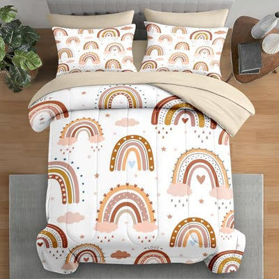 Pamnest Comforter Set Twin Size, Boho Rainbow Pink 5 Pcs Bedding for Kids and Adults, Love Colorful Nursery Bed Sheet Sets with Fitted Sheet Pillowcases & Shams for Bedroom Bed Decor
