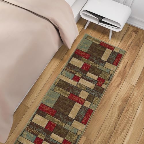 Machine Washable Boxes Design Non-Slip Rubberback 3x10 Traditional Runner Rug for Hallway, Kitchen, Bedroom, Living Room, 2'7" x 9'10", Boxes Multicolor Ottomanson
