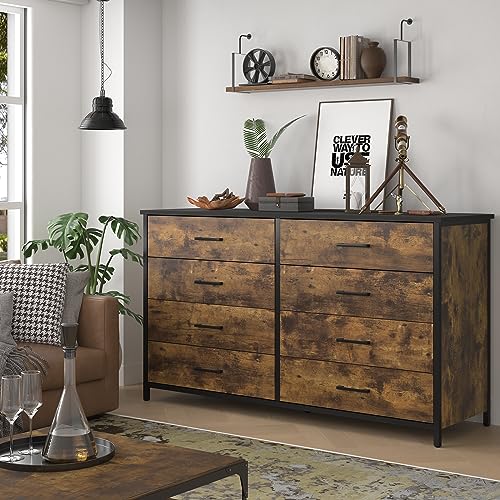 IKENO 8 Drawer Dresser, Industrial Wood Storage Dressers & Chests of Drawers with Sturdy Steel Frame, Storage Dresser for Bedroom Wood (Rustic Brown) IKENO