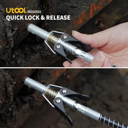 UTOOL Grease Gun, 8000 PSI Heavy Duty Pistol Grip Grease Gun Kit with 14 oz Capacity, 18 Inch Resin Flex Hose, 1 Patented Double Handle Coupler, 1 Basic Coupler UTOOL