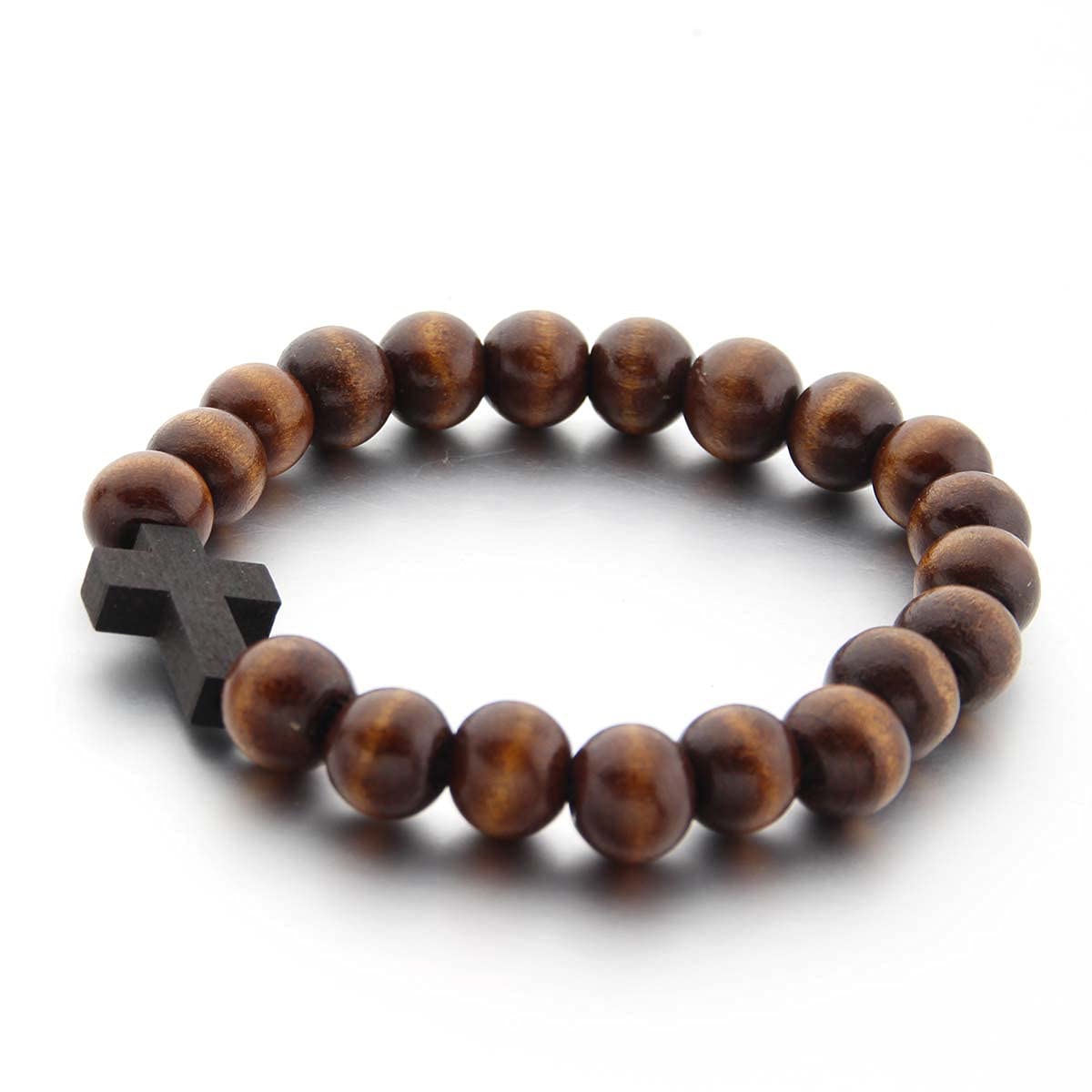 COLORFUL BLING Fashion Religious 10MM Wooden Beads Cross Bracelet for Men Women Faith Prayer Handmade Catholic Jewelry-dark COLORFUL BLING