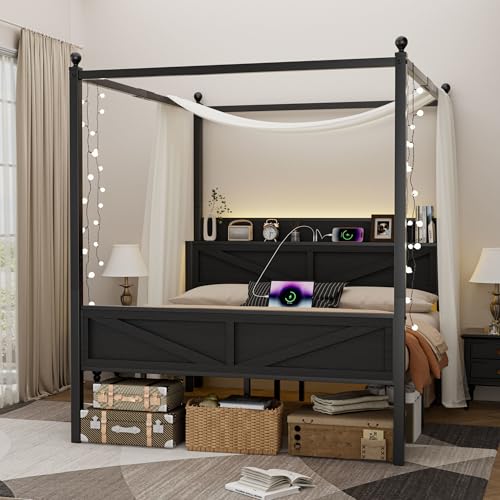 Tsovihe Queen Size Canopy Bed Frame with Barn Door Storage Headboard, Metal Slats Support LED Light & Charging Station/No Box Spring Needed/Easy Assembly/Curtain Not Included/Black