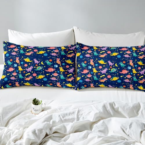 Erosebridal Boys Cartoon Dinosaur Bed Sheets,Kids Cute Dino Sheet Set,Girly Funny Dinosaur Astronaut Bedding Set Home Room Decor,Galaxy Space Stars Fitted Sheet + Flat Sheet + 2 Pillowcases,King Erosebridal