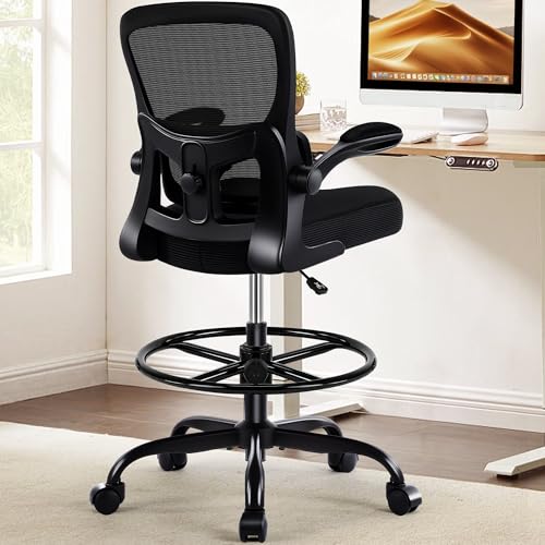 AreShark Drafting Office Chair - Ergonomic Tall Office Chair with Adjustable Footrest Ring - Counter Height Adjustable Rolling Standing Desk Chair with Lumbar Support and Flip-up Armrests for Home AreShark