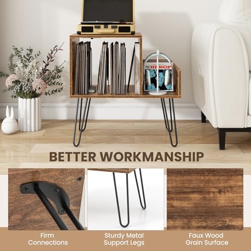 GOFLAME Record Player Stand, Turntable Stand with Charging Station, Vinyl Storage End Table with Metal Legs, Mid-Century Record Player Table for Study, Bedroom, Living Room, Rustic Brown GOFLAME