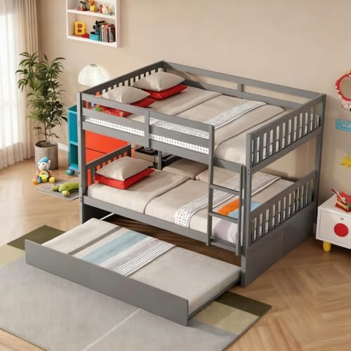 PVWIIK Full Over Full Bunk Bed with Twin Trundle, 3-in-1 Solid Rubberwood Loft Bed Converts to 2 Full Beds, Includes Ladder & Guardrails, Grey PVWIIK