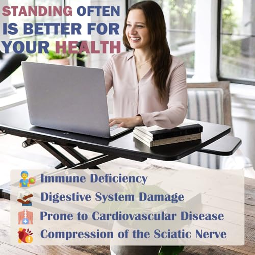 Royjhnl Standing Desk Converter 32 Inch, Height Adjustable Sit-Stand Workstation, Dual Monitor Riser with Wide Keyboard Tray - Office & Home Use, Black (Black) Royjhnl