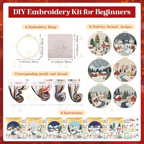 Peryiter 6 Sets Christmas Embroidery Kit for Beginners Including 6 Pcs Embroidery Hoop Winter Scene Snow Cross DIY Needlepoint Kit Instructions Threads Needles for Christmas Holiday Party Gift