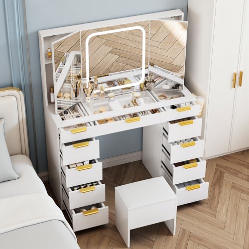 Fkhouse Glass Top Vanity Desk with Foldable Mirror and Lights, 11 Drawers Makeup Vanity with Charging Station, 3 Lighting Modes Dressing Table with Chair, White Fkhouse